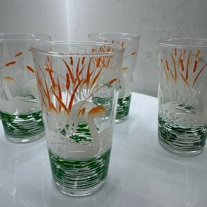 Vintage Swan Cattail Highball Glasses Set of 4 Green Orange Frosted 4.5” MCM